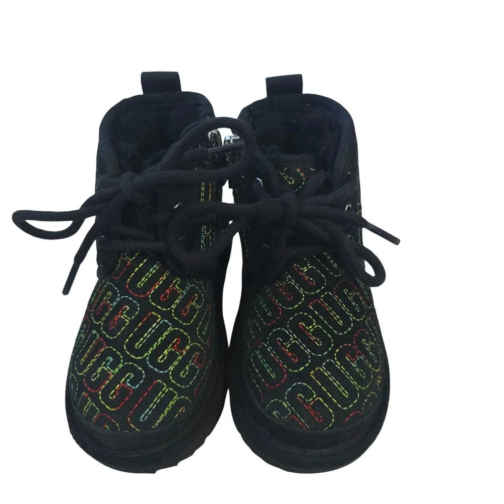UGG Kids Neumel Rainbow Stitched Logo Black Suede Boots Size 8 Side Zip Colorful
